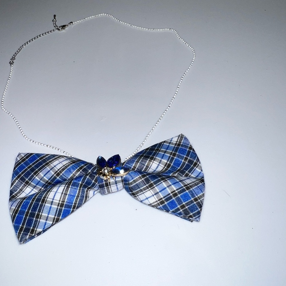 “Dainty Dapper”Blue Plaid Bow Tie Necklace